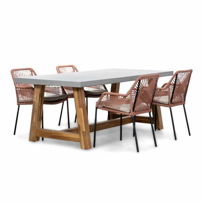 BUITEN living Veltis/Seville terra dining tuinset | 4 personen | betonlook + touw | 200cm – Light Teak, Betonlook, Rood