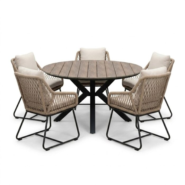 LUX outdoor living Cervo bruin/Portofino Sahara Dust dining tuinset | 5 personen | polywood + touw | 144cm rond – Naturel