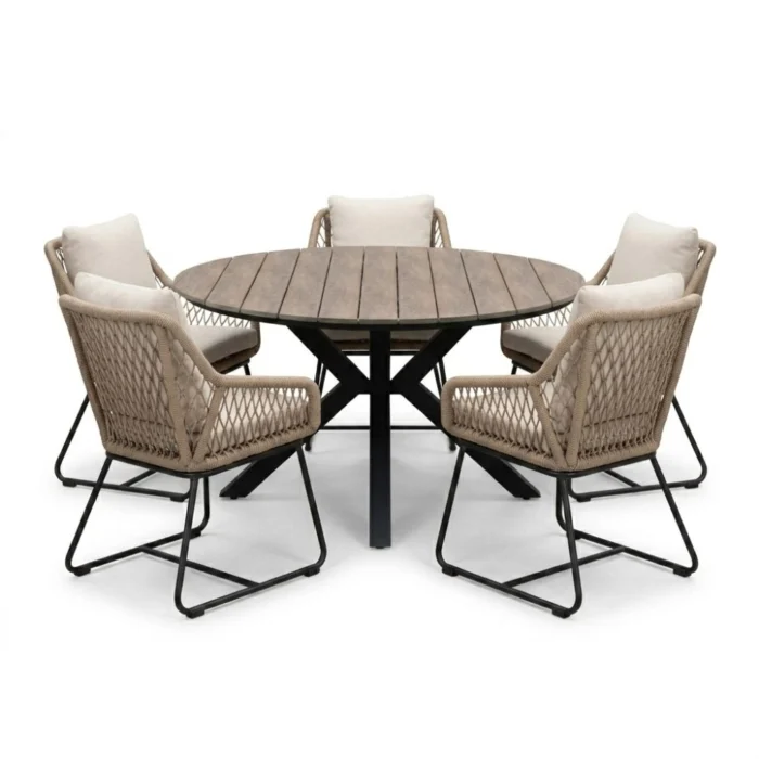 LUX outdoor living Cervo bruin/Portofino Sahara Dust dining tuinset | 5 personen | polywood + touw | 144cm rond - Naturel