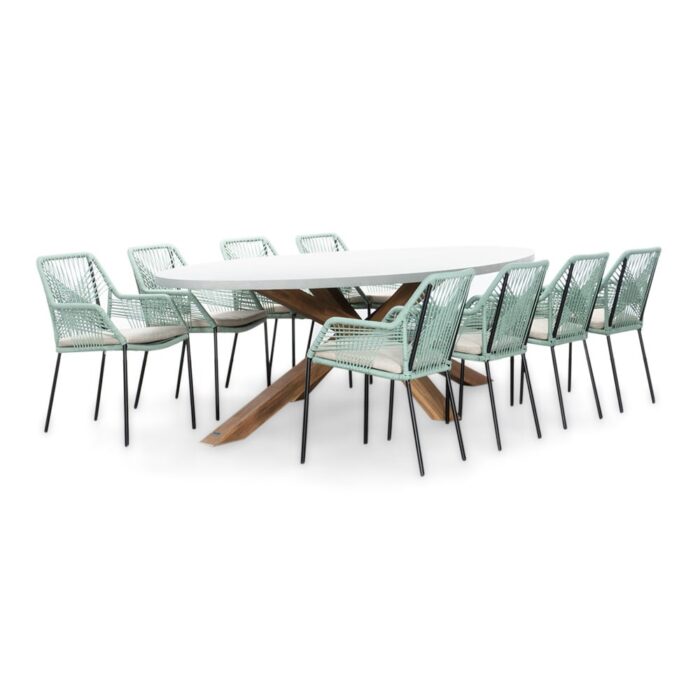 BUITEN living Livorno/Seville mint dining tuinset | 8 personen | betonlook + touw | 280cm ovaal – Light Teak, Betonlook, Mint