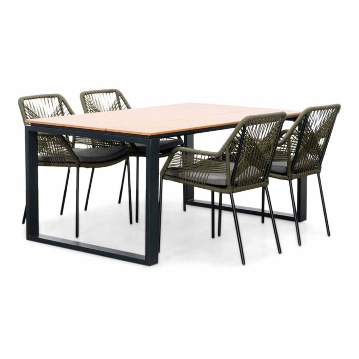 LUX outdoor living Helsinki Natural/Seville olijfgroen dining tuinset | 4 personen | polywood + touw | 160cm – Light Teak, Olijfgroen, Zwart