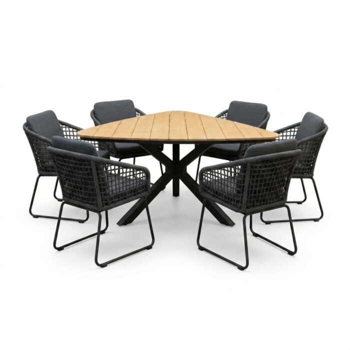 LUX outdoor living Corsica/Tulum Lava Grey dining tuinset | 6 personen | polywood + touw | 158cm – Grijs
