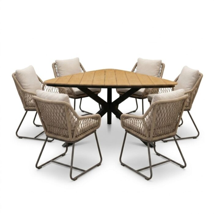 LUX outdoor living Corsica/Portofino Sahara Dust dining tuinset | 6 personen | polywood + touw | 158cm – Naturel