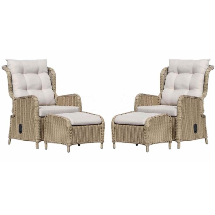 Denza Furniture Glasgow lounge balkonset verstelbaar 2 personen | wicker + aluminium | Royal Sand | 4-delig – Taupe – Naturel – Bruin