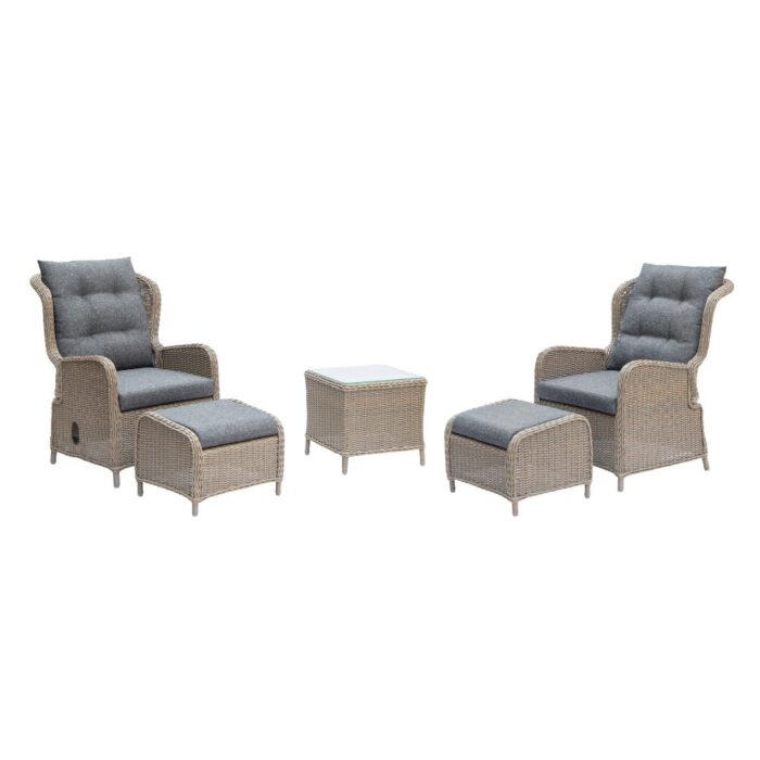 Denza Furniture Glasgow lounge balkonset verstelbaar 2 personen | wicker + aluminium | Ash Grey | 5-delig – Grijs