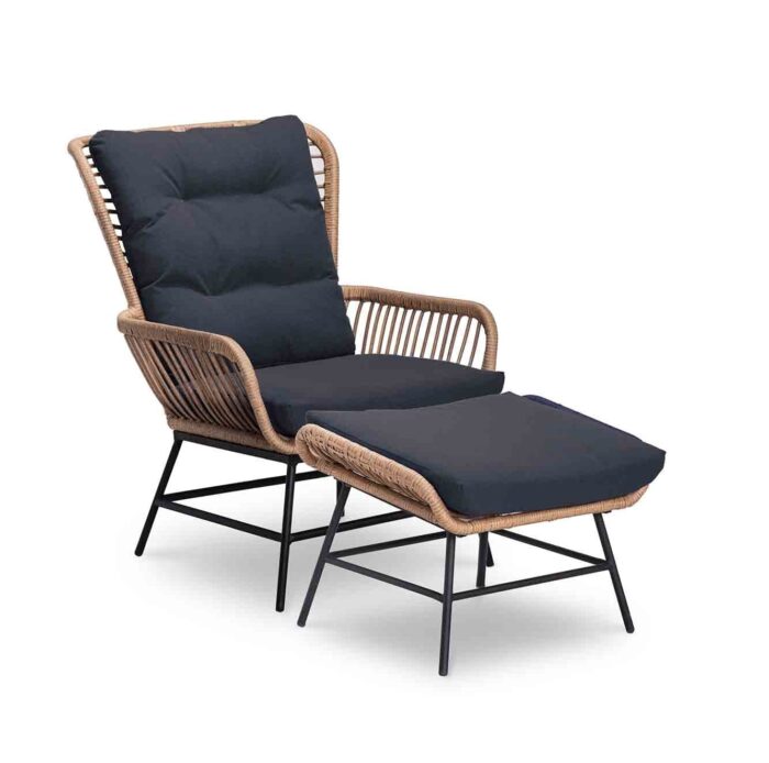 BUITEN living Dex loungestoel tuin met voetenbank | wicker + aluminium | Bamboo antraciet – Taupe – Naturel – Bruin