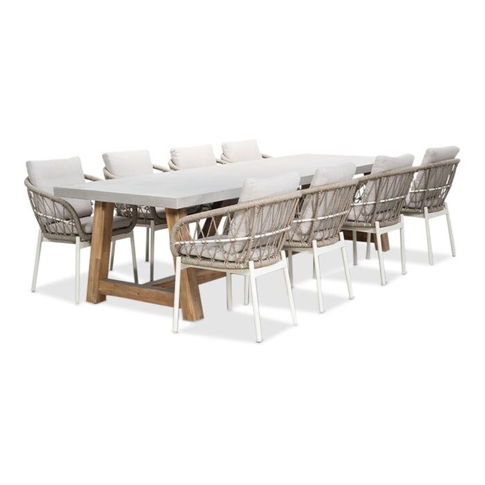BUITEN living Veltis/Dakota beige/wit dining tuinset | 8 personen | betonlook + touw | 300cm – Taupe – Naturel – Bruin, Light Teak, Betonlook