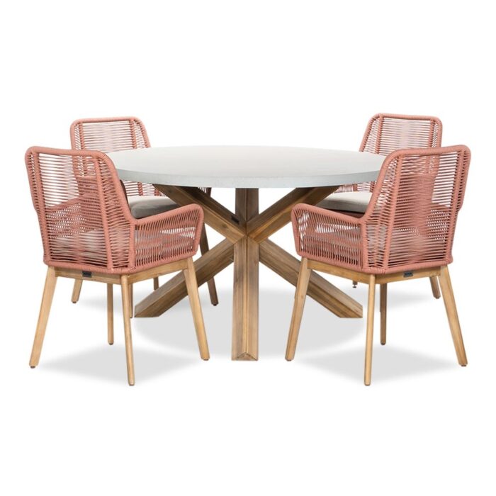 BUITEN living Nancy/Padua terra dining tuinset | 4 personen | betonlook + touw | 135cm rond – Light Teak, Betonlook, Rood