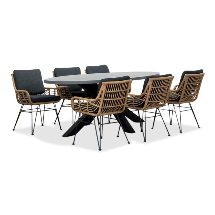 BUITEN living Stockholm/Carlos antraciet dining tuinset | 6 personen | betonlook + wicker | 200cm ovaal