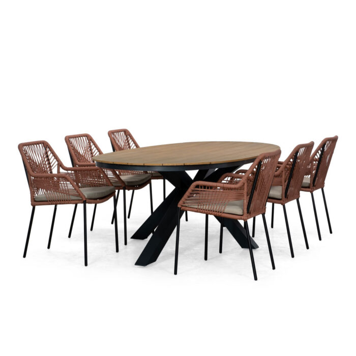 Lesli Living Arezzo/Seville terra dining tuinset | 6 personen | polywood + touw | 240cm ovaal – Taupe – Naturel – Bruin, Zwart, Rood
