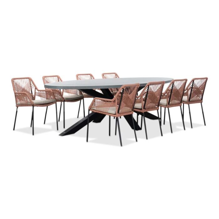 BUITEN living Stockholm/Seville terra dining tuinset | 8 personen | betonlook + touw | 280cm ovaal – Zwart, Rood