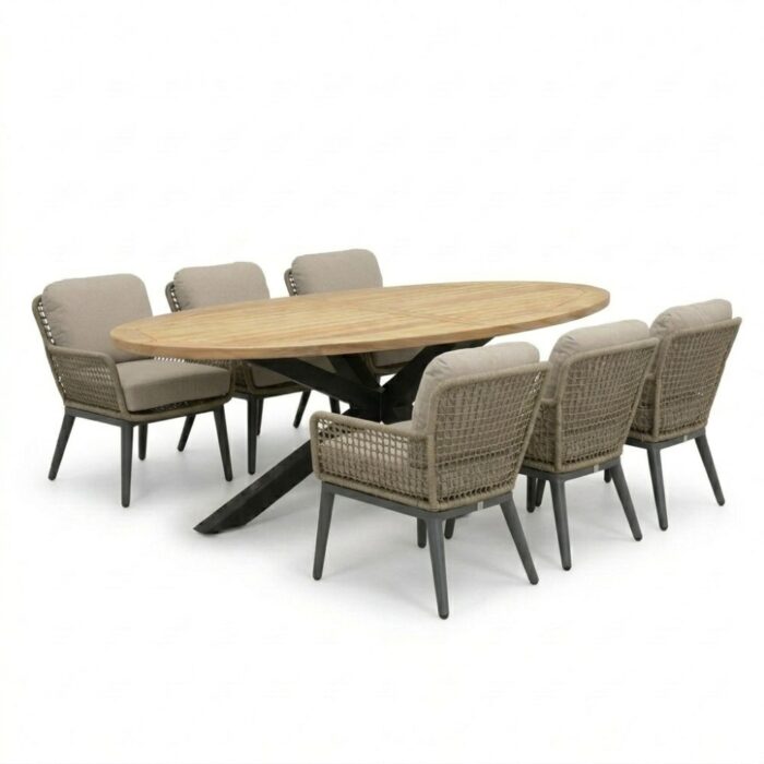 LUX outdoor living Cleve antraciet/Mila beige/antraciet low dining tuinset | 6 personen | sintered stone + touw | 240cm