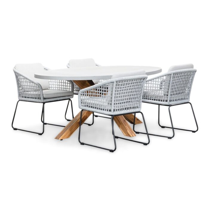 BUITEN living Livorno/Tulum grijs dining tuinset | 4 personen | betonlook + touw | 200cm ovaal – Lichtgrijs, Light Teak, Betonlook