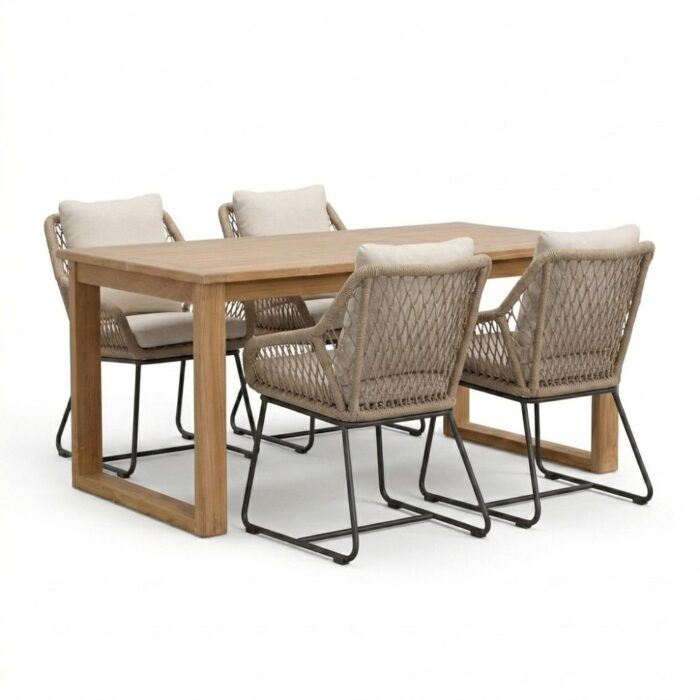 BUITEN living Corfu/Portofino Sahara Dust dining tuinset | 4 personen | teakhout + touw | 150cm – Natural Teak