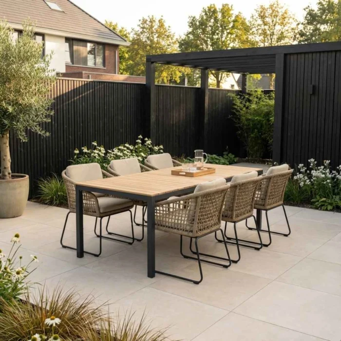 LUX outdoor living Delta/Tulum Sahara Dust dining tuinset | 6 personen | teakhout + touw | 220cm - Zand