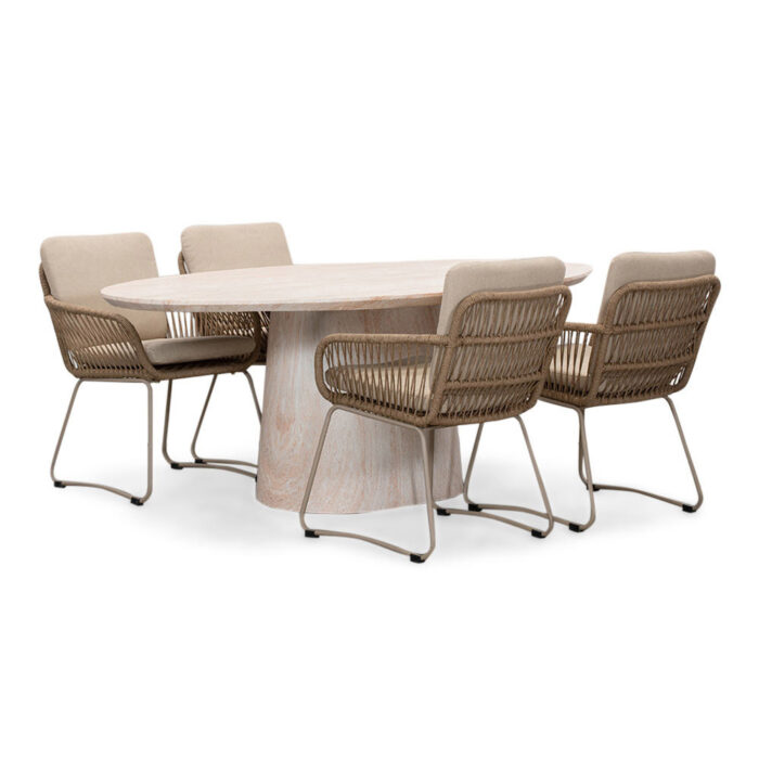 BUITEN living Max/Harper Sandstone dining tuinset | 4 personen | travertin + touw | 200cm ovaal – Zand
