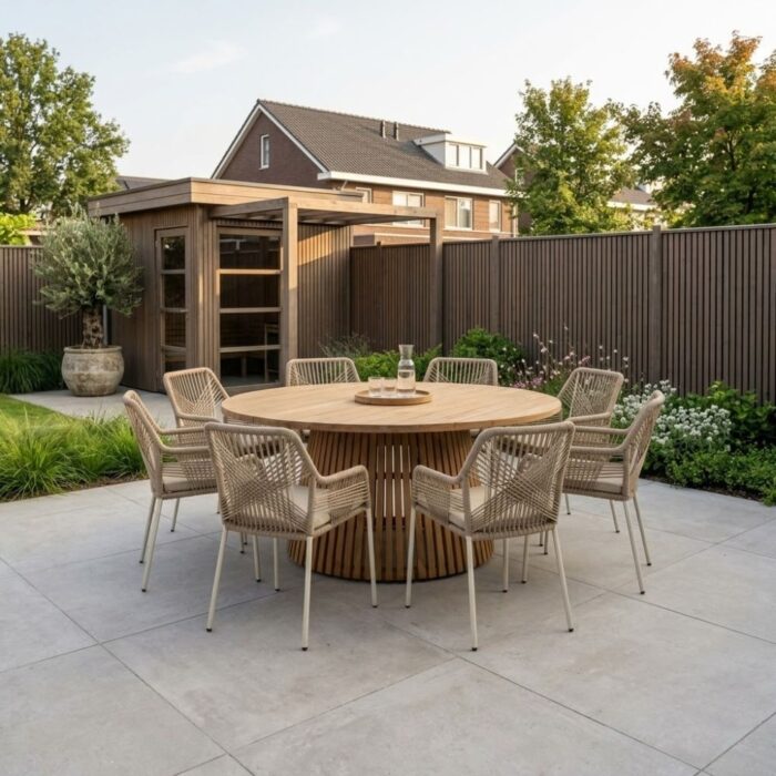 BUITEN living Palau/Seville beige dining tuinset | 8 personen | teakhout + touw | 180cm rond