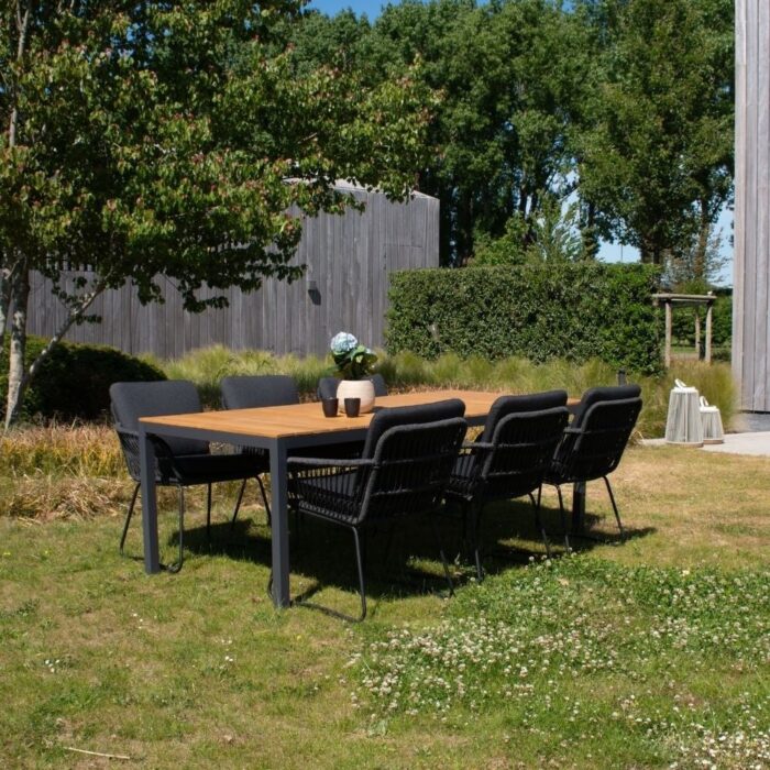 LUX outdoor living Delta/Harper Lava Grey dining tuinset | 6 personen | teakhout + touw | 220cm – Grijs
