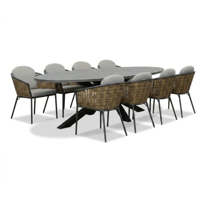 BUITEN living Stockholm/Lucca dining tuinset | 8 personen | polystone + wicker | 280cm – Betonlook