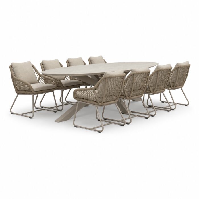 LUX outdoor living Calma/Portofino Sandstone dining tuinset | 8 personen | sintered stone + touw | 280cm ovaal – Taupe – Naturel – Bruin, Beige