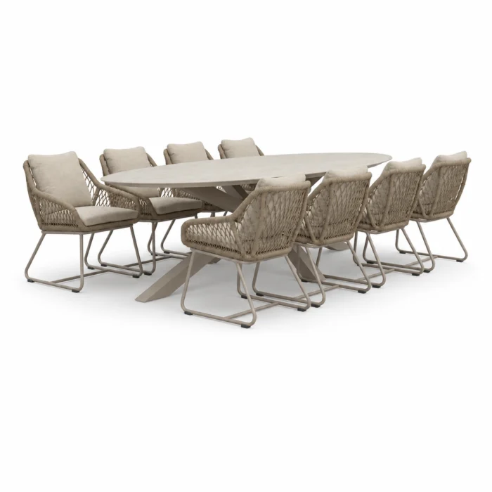 LUX outdoor living Calma/Portofino Sandstone dining tuinset | 8 personen | sintered stone + touw | 280cm ovaal - Taupe - Naturel - Bruin, Beige