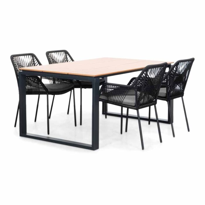LUX outdoor living Helsinki Natural/Seville zwart dining tuinset | 4 personen | polywood + touw | 160cm – Light Teak, Zwart