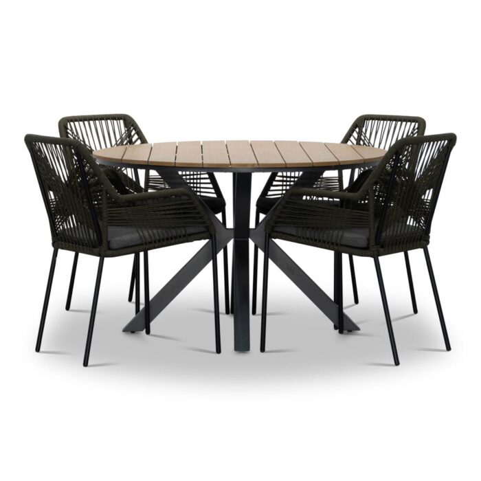 LUX outdoor living Cervo Natural/Seville olijfgroen dining tuinset | 4 personen | polywood + touw | 120cm rond – Taupe – Naturel – Bruin, Olijfgroen, Zwart