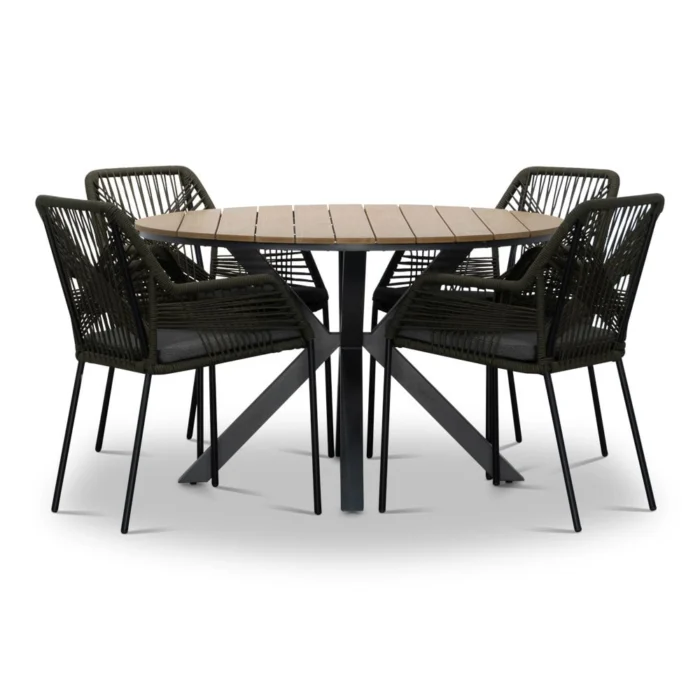 LUX outdoor living Cervo Natural/Seville olijfgroen dining tuinset | 4 personen | polywood + touw | 120cm rond - Taupe - Naturel - Bruin, Olijfgroen, Zwart
