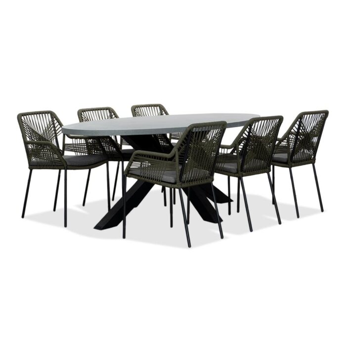 BUITEN living Stockholm/Seville olijfgroen dining tuinset | 6 personen | betonlook + touw | 200cm ovaal – Grijs