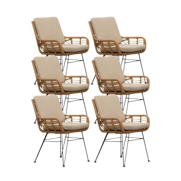 BUITEN living Carlos dining tuinstoel set van 6 | wicker + RVS | Bamboo taupe
