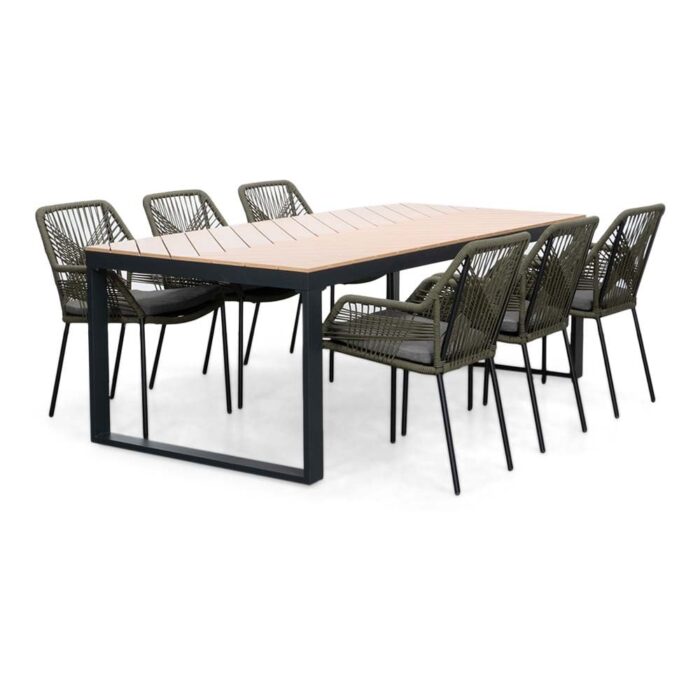 LUX outdoor living Kampa Natural/Seville olijfgroen dining tuinset | 6 personen | polywood + touw | 210cm – Taupe – Naturel – Bruin, Olijfgroen