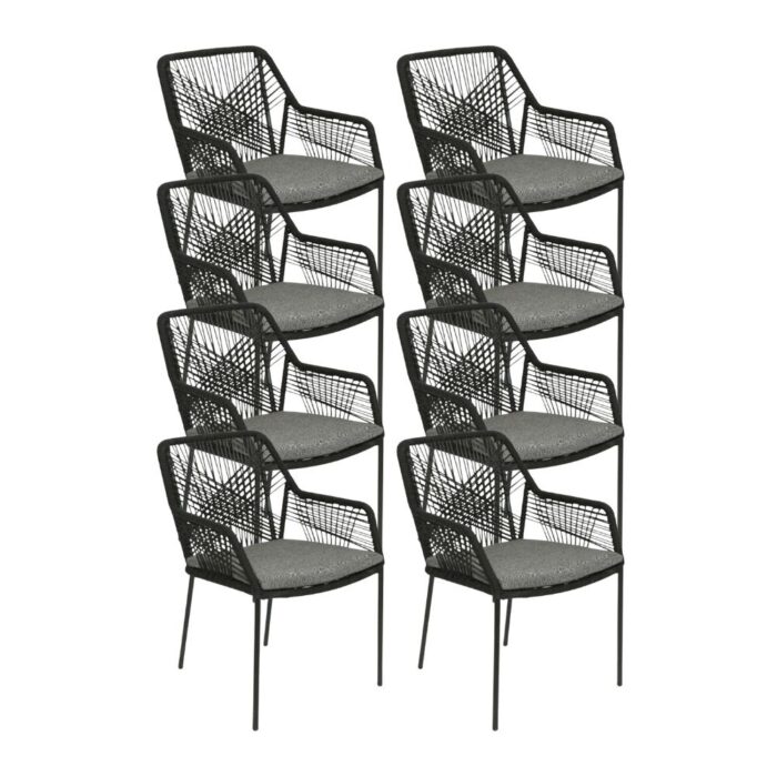 BUITEN living Seville dining tuinstoel set van 8 | touw + staal | zwart