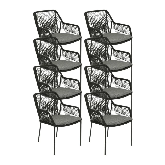 BUITEN living Seville dining tuinstoel set van 8 | touw + staal | zwart