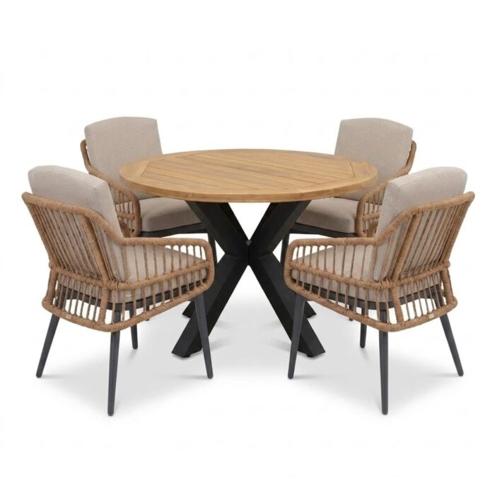 LUX outdoor living Cleve/Alicante zand dining tuinset | 4 personen | teakhout + wicker | 120cm rond