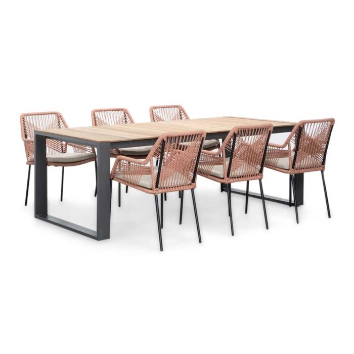 LUX outdoor living Atlanta/Seville terra dining tuinset | 6 personen | teakhout + touw | 218cm – Zwart, Natural Teak, Rood