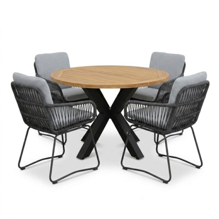 LUX outdoor living Cleve antraciet/Harper Stone Grey dining tuinset | 4 personen | teakhout + touw | 120cm rond