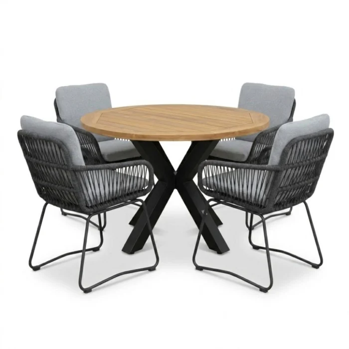LUX outdoor living Cleve antraciet/Harper Stone Grey dining tuinset | 4 personen | teakhout + touw | 120cm rond