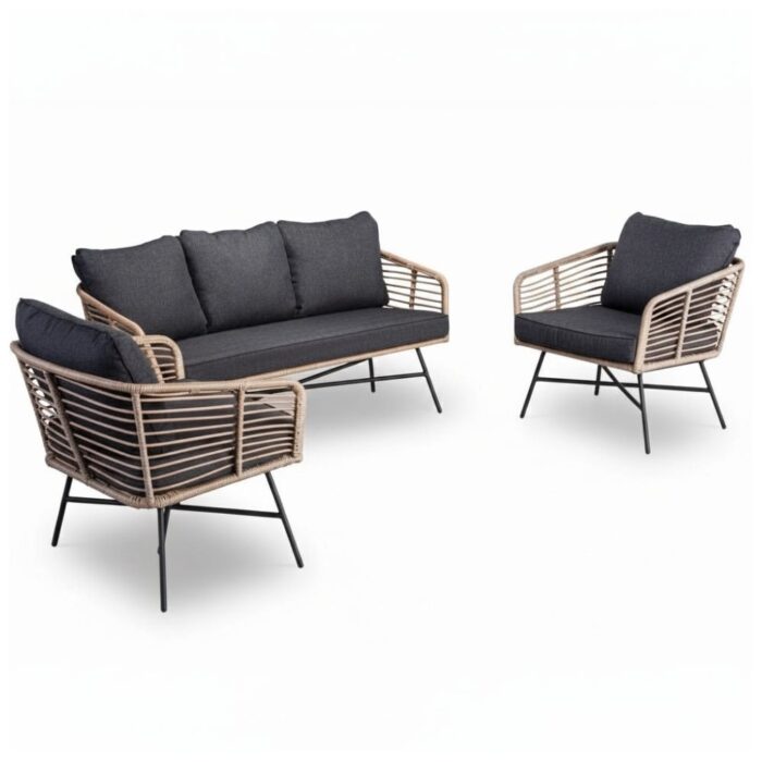 BUITEN living Flow stoel-bank loungeset 5 personen | wicker + aluminium | bamboo antraciet | 3-delig – Taupe – Naturel – Bruin