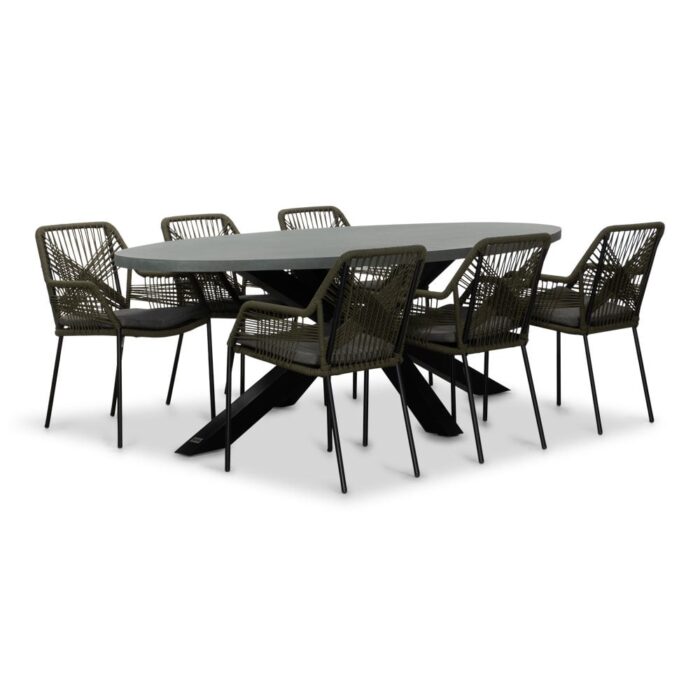 BUITEN living Stockholm/Seville olijfgroen dining tuinset | 6 personen | betonlook + touw | 240cm ovaal – Grijs