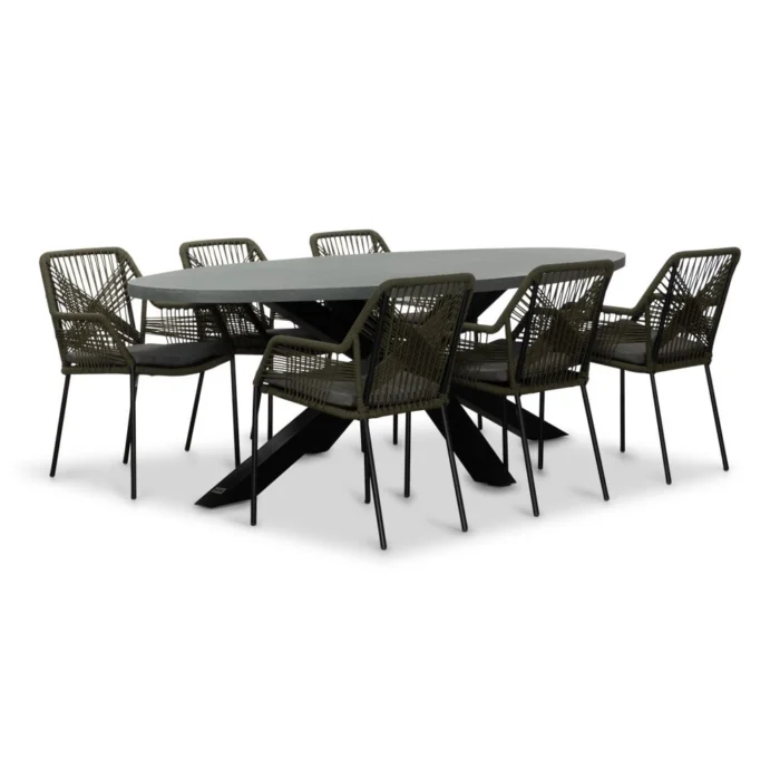BUITEN living Stockholm/Seville olijfgroen dining tuinset | 6 personen | betonlook + touw | 240cm ovaal - Grijs