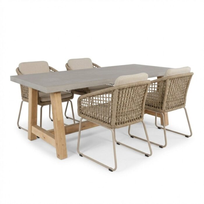 BUITEN living Veltis/Tulum Sandstone dining tuinset | 4 personen | polystone + touw | 200cm – Grijs