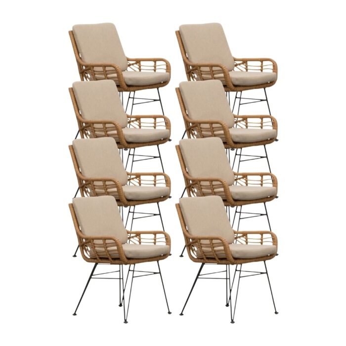 BUITEN living Carlos dining tuinstoel set van 8 | wicker + RVS | Bamboo taupe