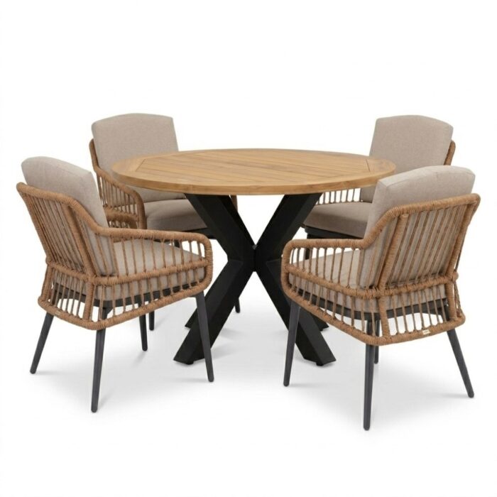 LUX outdoor living Cleve antraciet/Alicante zand dining tuinset | 4 personen | teakhout + wicker | 120cm rond