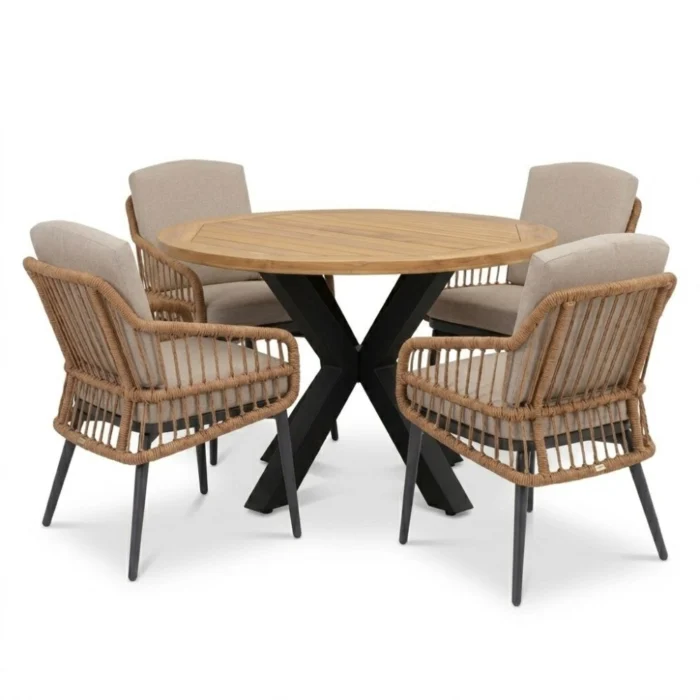 LUX outdoor living Cleve antraciet/Alicante zand dining tuinset | 4 personen | teakhout + wicker | 120cm rond