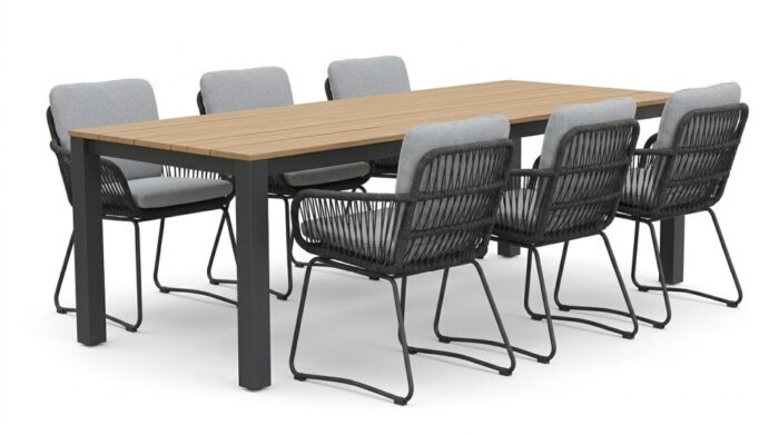 LUX outdoor living Manhattan antraciet/Harper Stone Grey dining tuinset | 6 personen | polywood + touw | 240cm