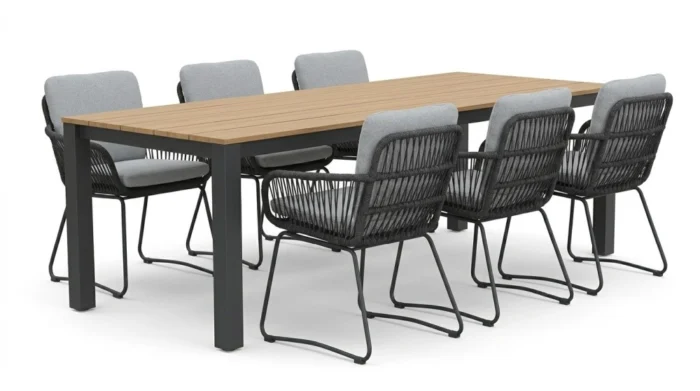 LUX outdoor living Manhattan antraciet/Harper Stone Grey dining tuinset | 6 personen | polywood + touw | 240cm