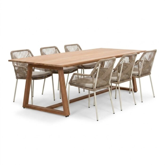 BUITEN living Gotenburg/Seville beige dining tuinset | 6 personen | teakhout + touw | 250cm