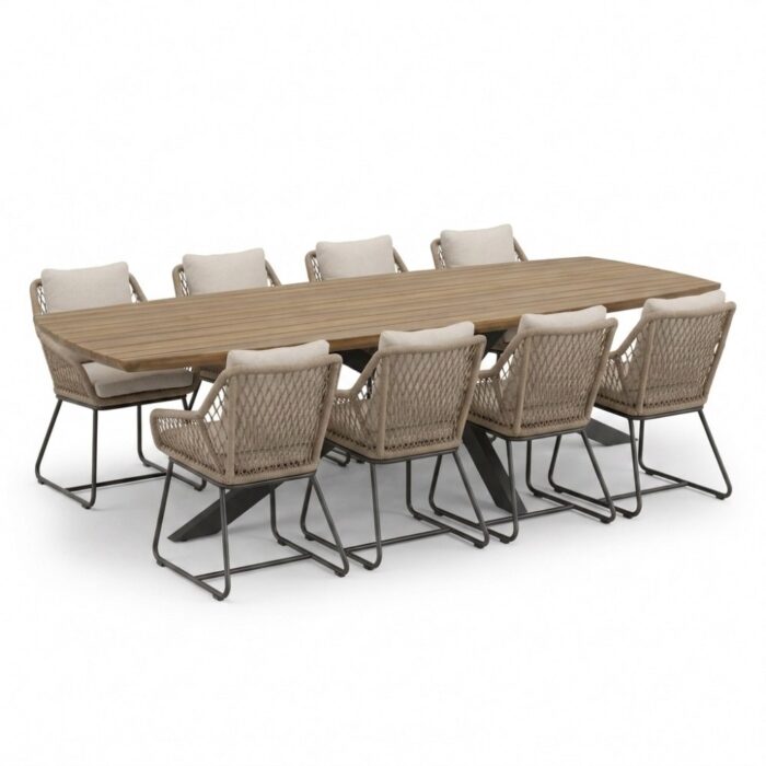 LUX outdoor living Salo/Portofino Sahara Dust dining tuinset | 8 personen | hardhout + touw | 280cm Deens – Naturel