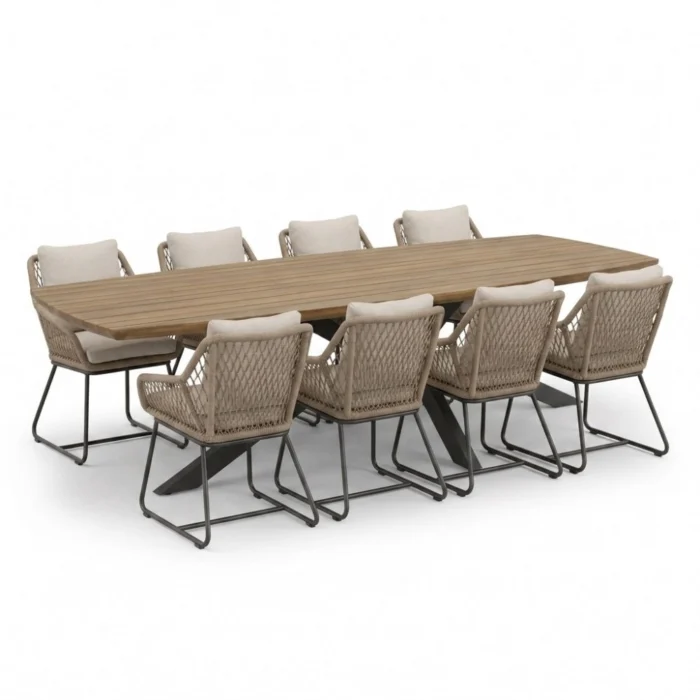 LUX outdoor living Salo/Portofino Sahara Dust dining tuinset | 8 personen | hardhout + touw | 280cm Deens - Naturel
