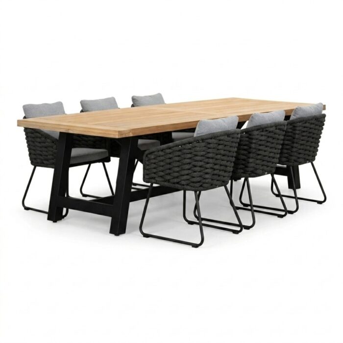 LUX outdoor living James/Flora Stone Grey dining tuinset | 6 personen | teakhout + touw | 260cm – Natural Teak